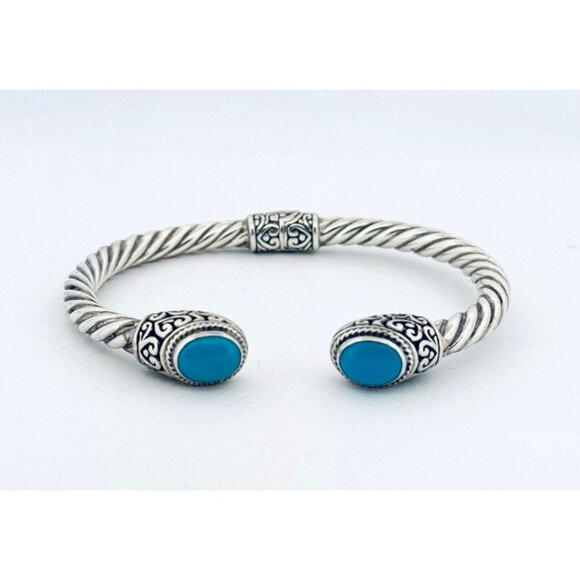 Estate Sterling Silver 925 Turquoise Hinged Cable Cuff Bracelet 6.5” 20.4g - Picture 1 of 10